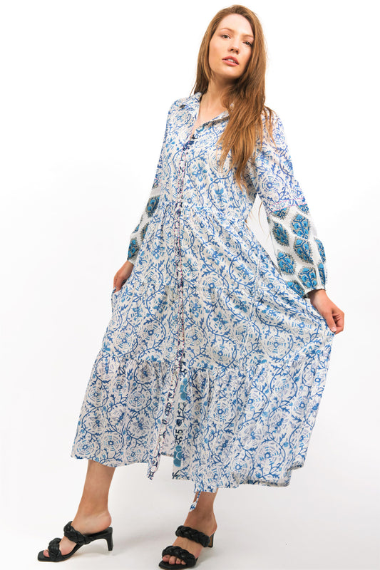 IRIS PRINTED TIERED MIDI DRESS - FRONT VIEW ON MODEL- zohaonline