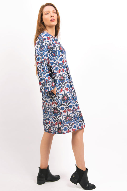 SIDE VIEW ON MODEL OF SHIMMERY LUNA LUREX PRINTED FLORAL DRESS - zohaonline