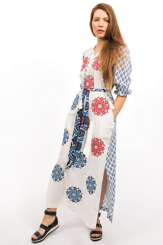 SIDE VIEW ON MODEL-ASTRAL MAXI EMBROIDERED DRESS WITH SIDE SLIT- zohaonline