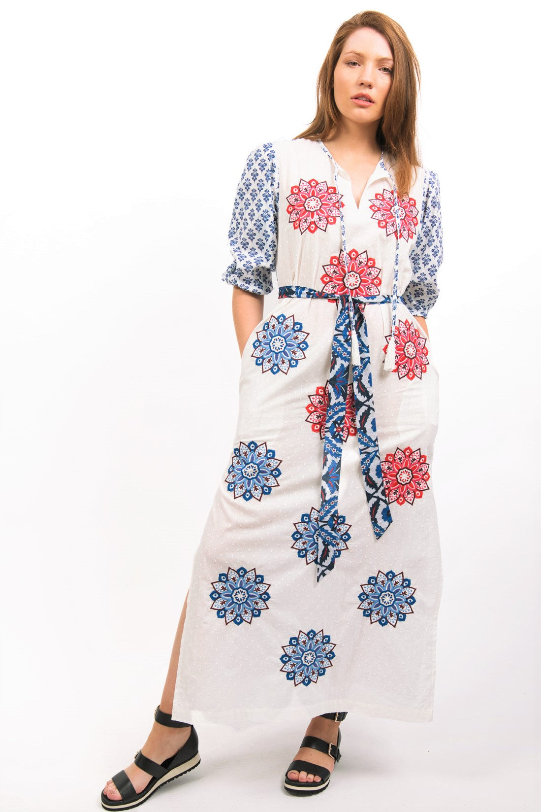 White maxi dress with best sale blue embroidery