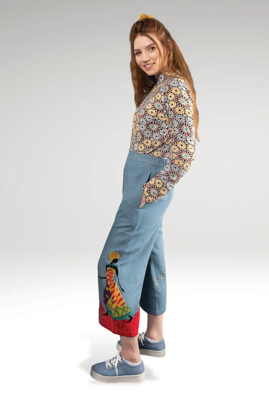 DERORA EMBROIDERED DENIM HIGH WAIST PANTS - zohaonline