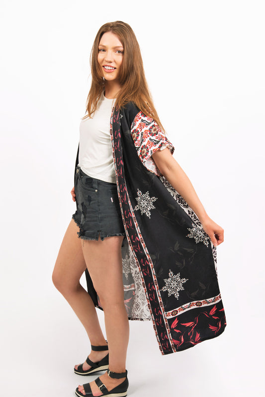 JUANA PRINTED MODAL KIMONO - zohaonline DRAPED OVER TEE AND SHORTS