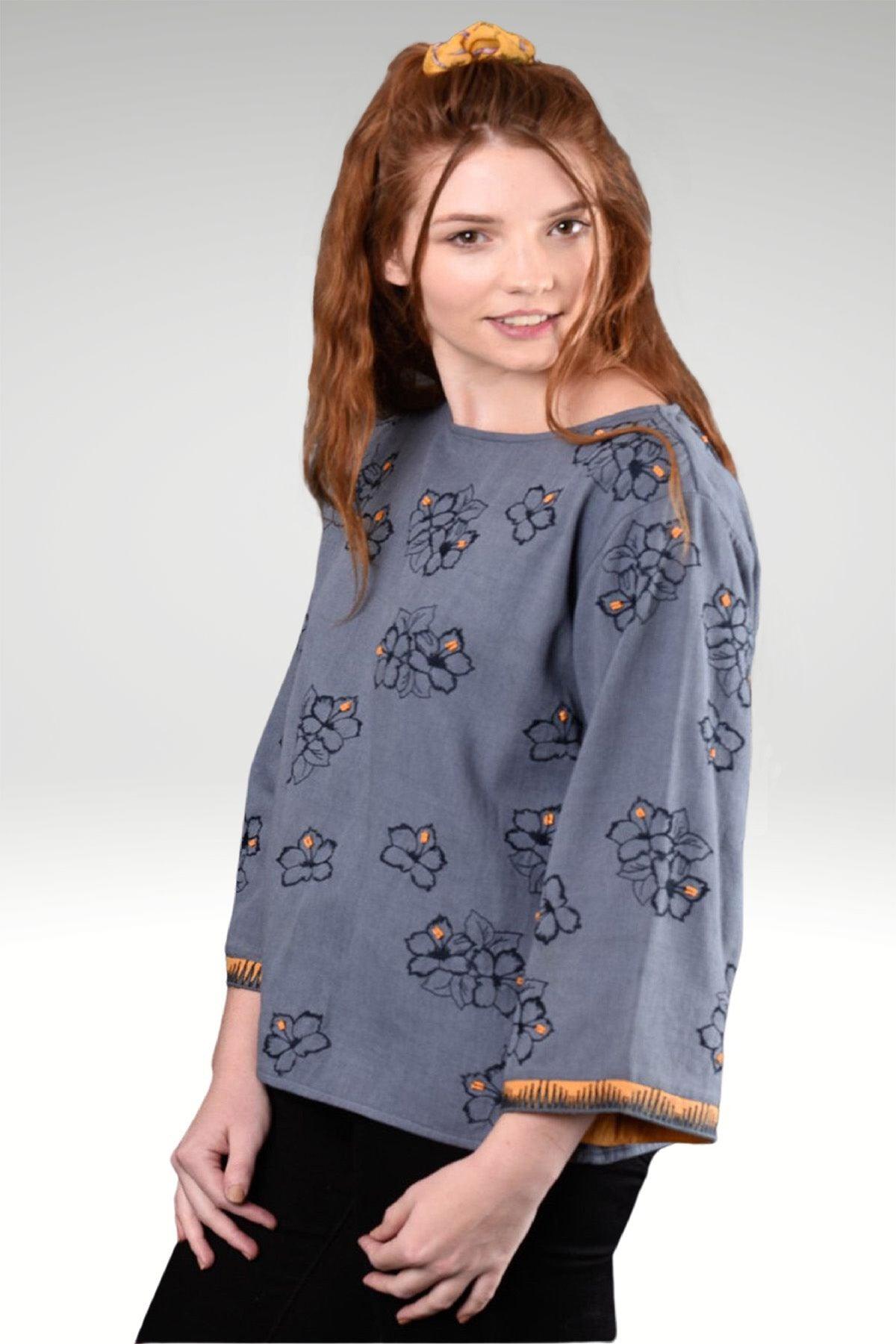 ARABELLA FLORAL EMBROIDERED TOP - zohaonline- side view on model