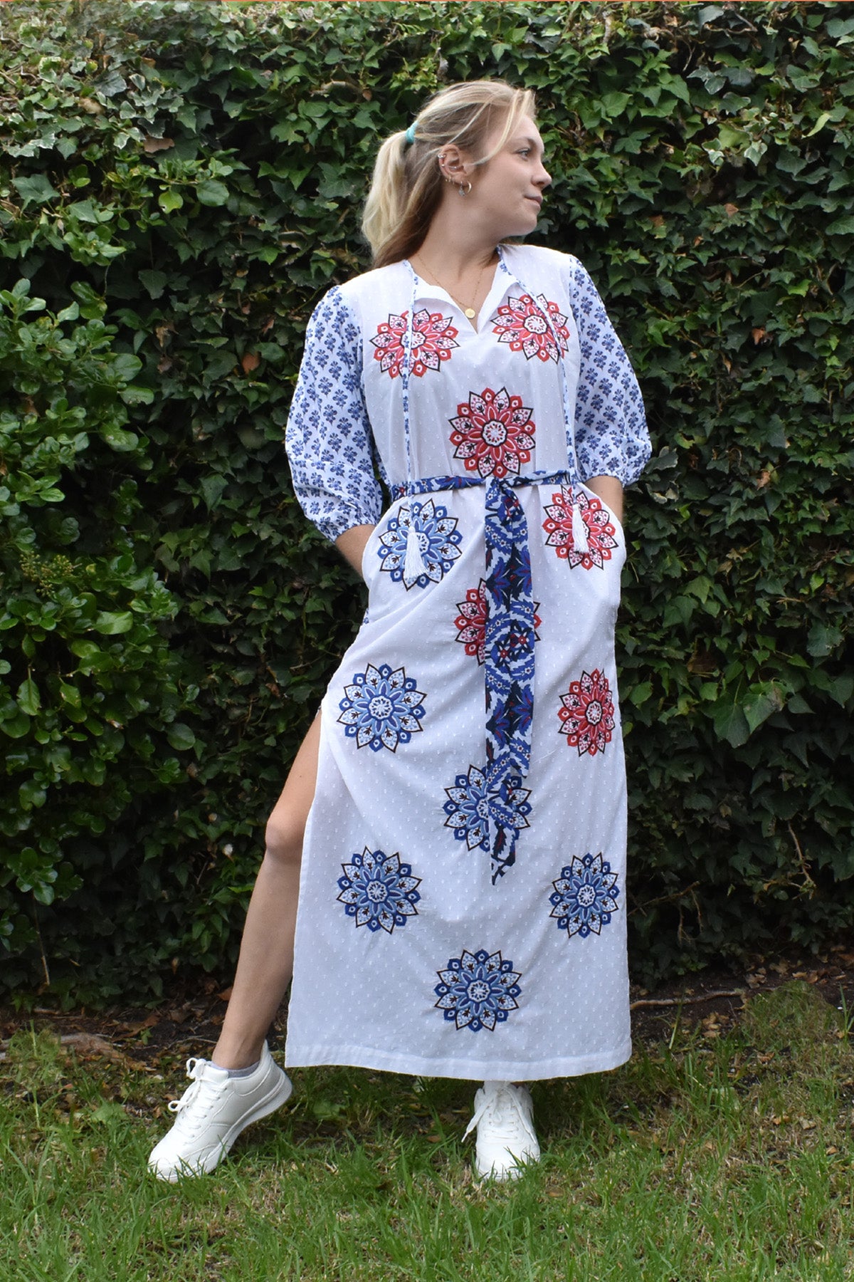ASTRAL MAXI EMBROIDERED DRESS LOOKING SUMMERY AND CHIC ON MODEL PAIRED WITH WHITE SHOES- zohaonline