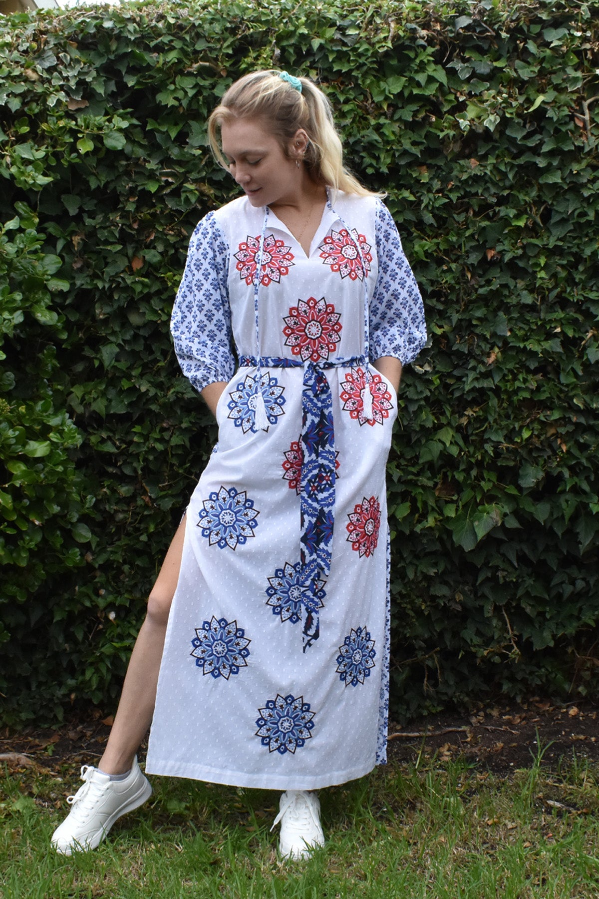 WORN WITH SNEAKERS WITH A PERFECT BACKDROP ASTRAL MAXI EMBROIDERED DRESS - zohaonline