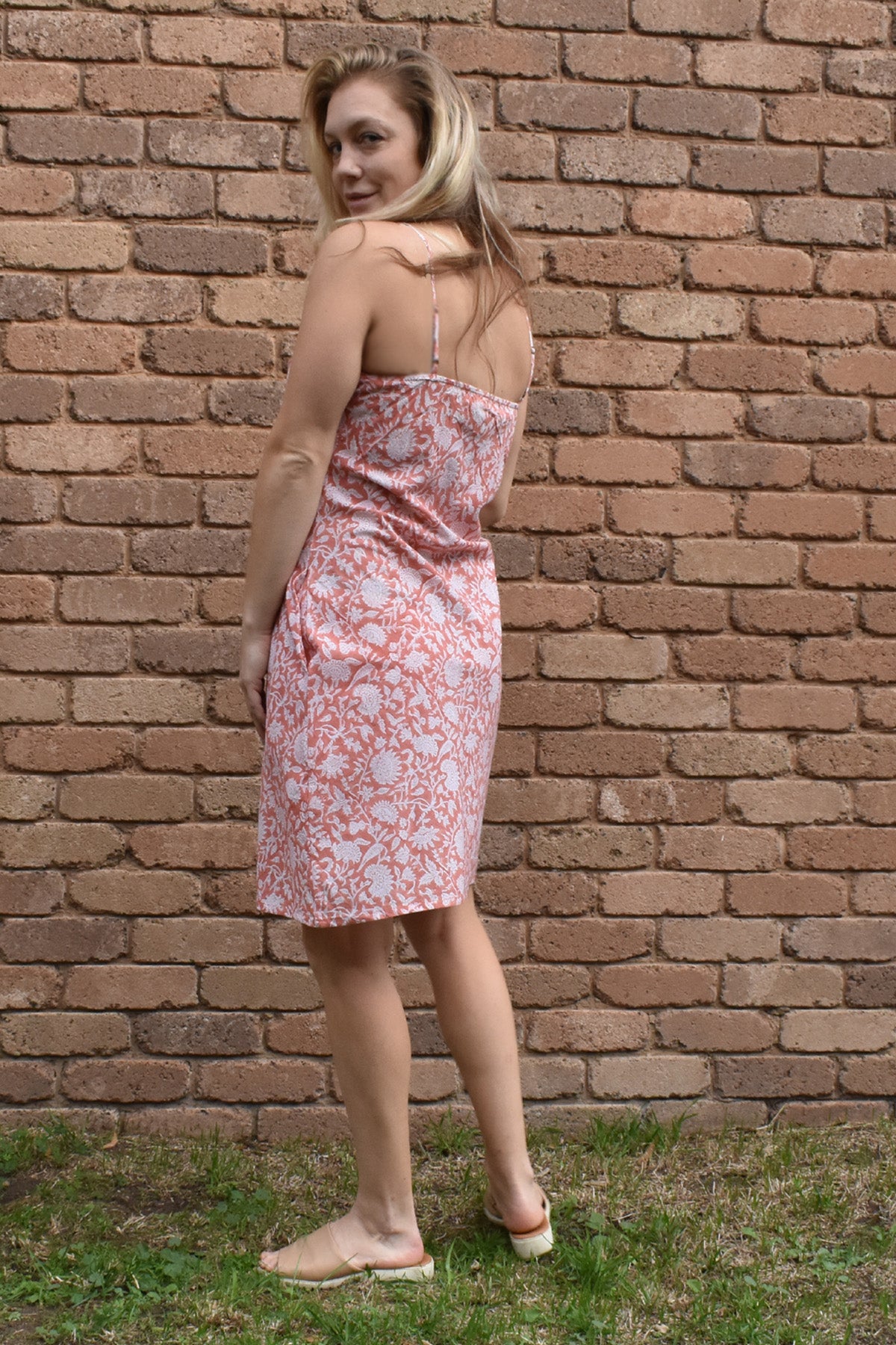 MODEL CASUALLY WEARING FAWN PRINTED SLIP DRESS - zohaonline