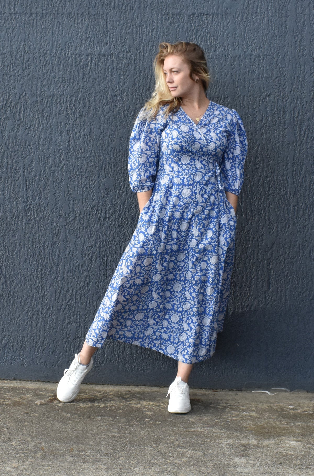 ZEPHYR PRINTED WRAP MAXI DRESS -CERULEAN COLOUR WORN WITH SNEAKERS- zohaonline