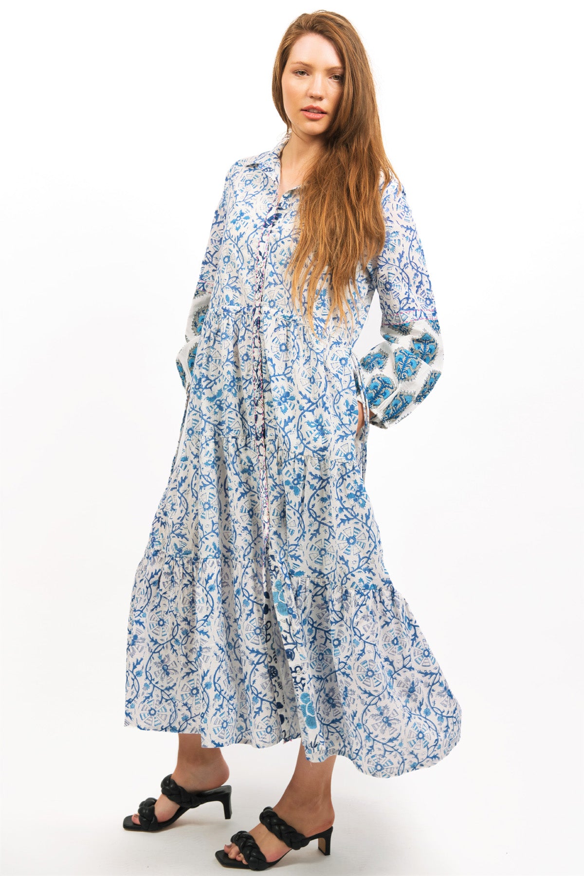 IRIS PRINTED TIERED MAXI DRESS WORN LOOSELY WITH HEELS - zohaonline