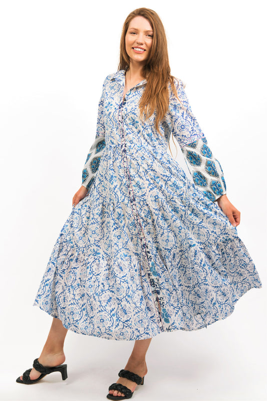 MODEL FLAUNTING IRIS PRINTED TIERED MAXI DRESS IN BLUE WHITE COLOURS - zohaonline
