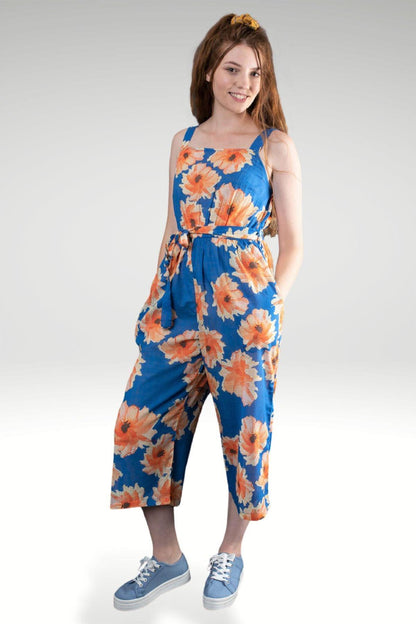 FRONT VIEW OF BRIGHT BLUE LARA FLORAL JUMPSUIT - zohaonline