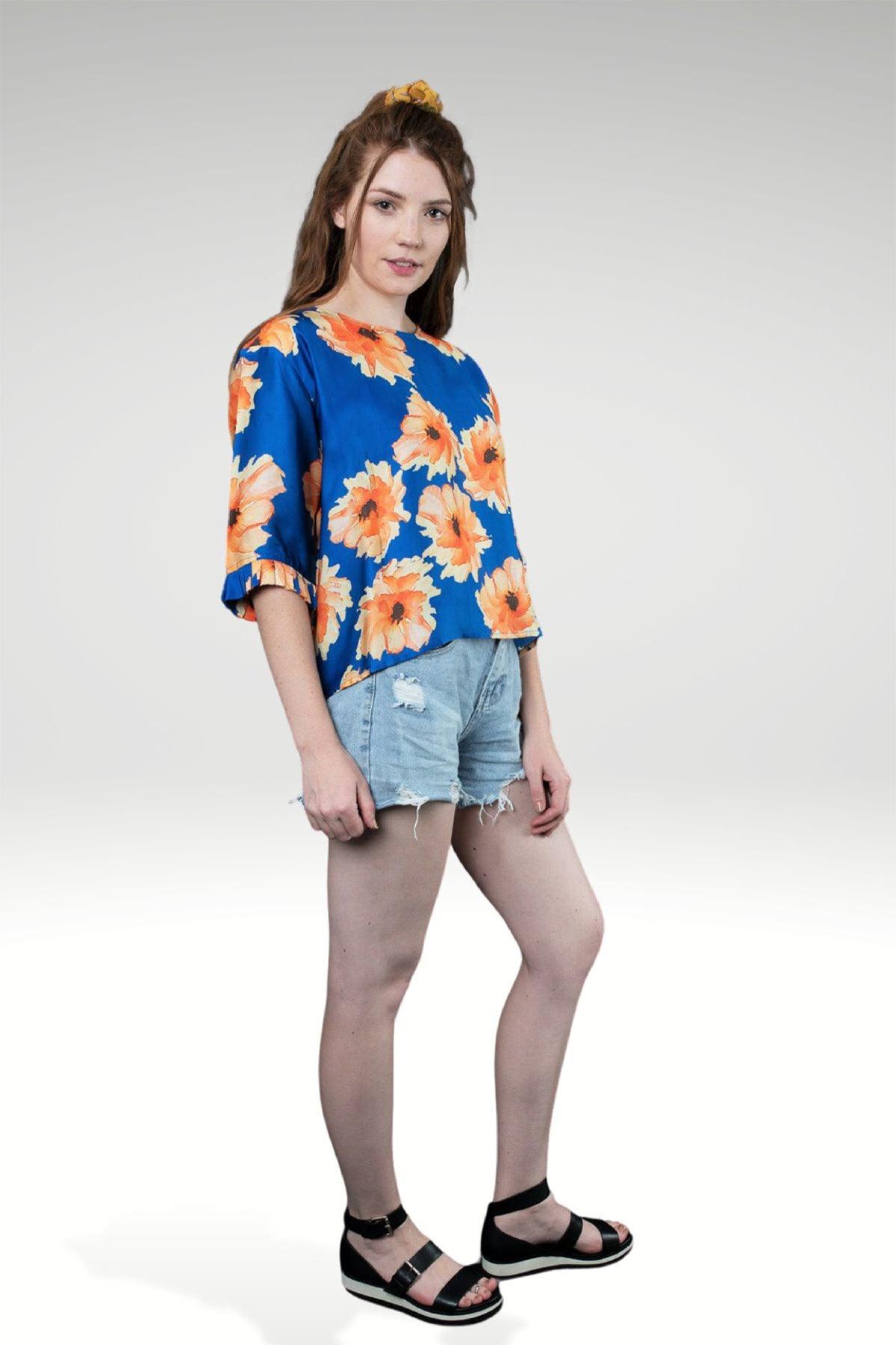 side view on model -LARA FLORAL TOP - zohaonline