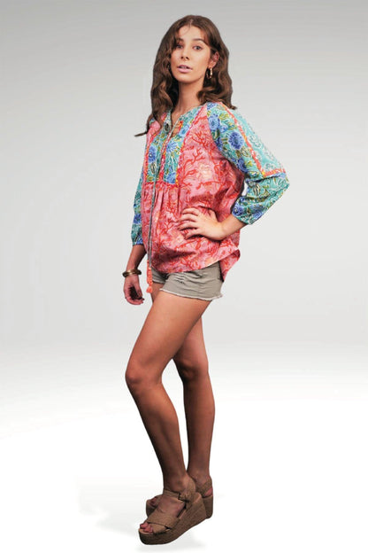 ALEENA FLORAL PATCHWORK TOP - zohaonline- SIDE VIEW ON THE MODEL OF THE SEA PINK COLOURWAY