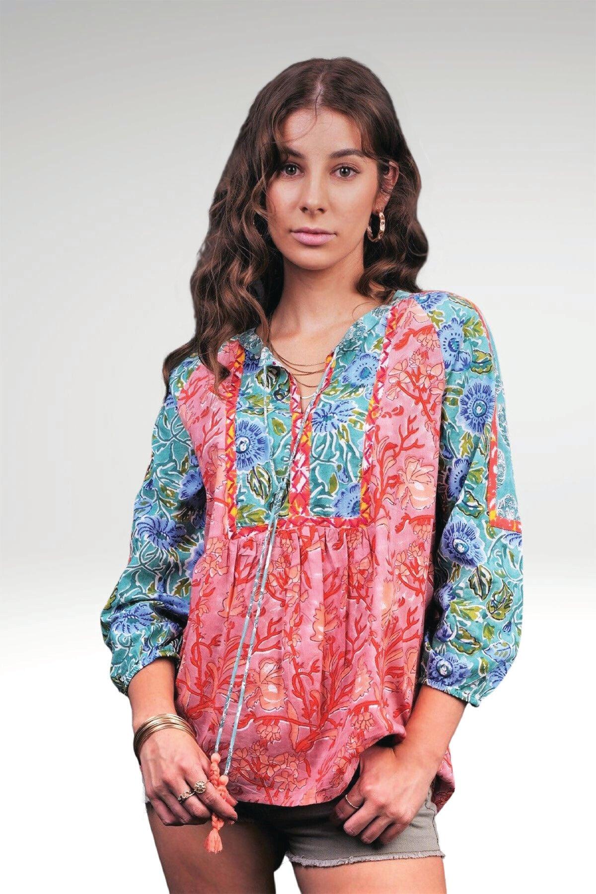 ALEENA FLORAL PATCHWORK TOP - zohaonline- SEA PINK COLOURWAY WITH TASSEL TIES - ZOOMED IN FRONT VIEW