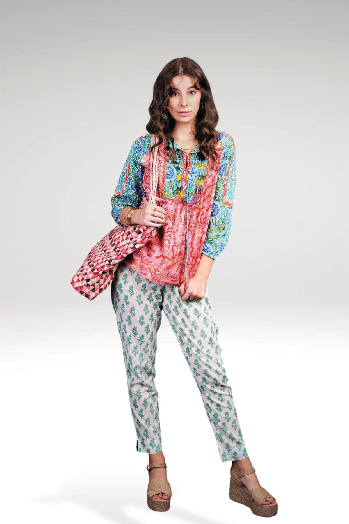 ALEENA FLORAL PATCHWORK TOP - zohaonline SEA PINK COLOURWAY PAIRED WITH BLOCK PRINT PANTS AND BLISS BAG