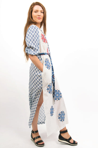 MODEL IN ASTRAL MAXI EMBROIDERED DRESS -THE SIDE SLIT AND SLIGHT BALLOON SLEEVES AND BELT IS VISIBLE zohaonline