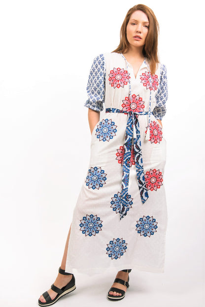  MODEL WEARING ASTRAL WHITE MAXI EMBROIDERED DRESS - MANDALA EMBROIDERY AND INDIGO PRINT MAKES THIS DRESS EXQUISITE  zohaonline