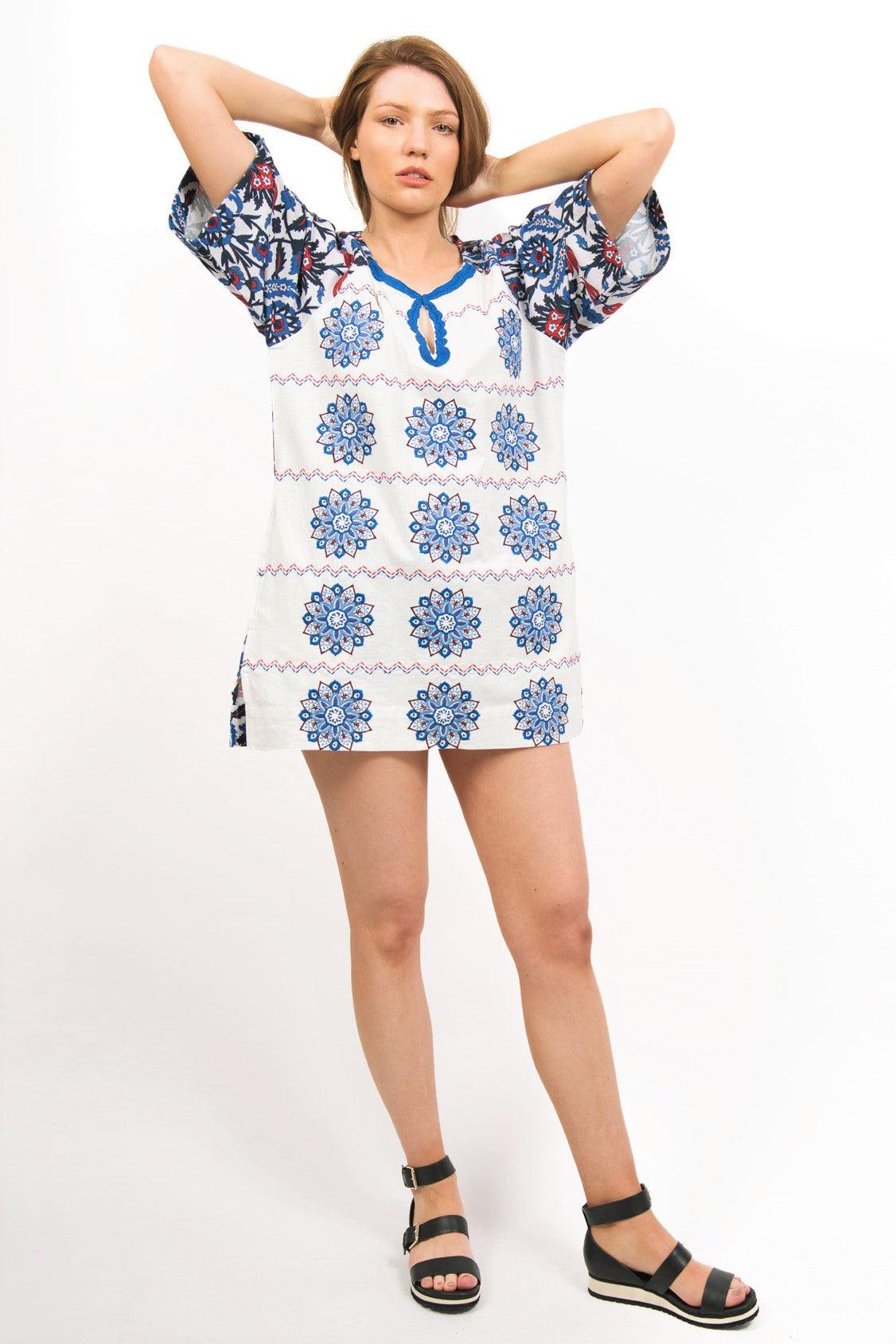 CELESTE EMBROIDERED TUNIC TOP WORN WITH SHORTS AND BLACK SANDALS- FRONT VIEW- zohaonline