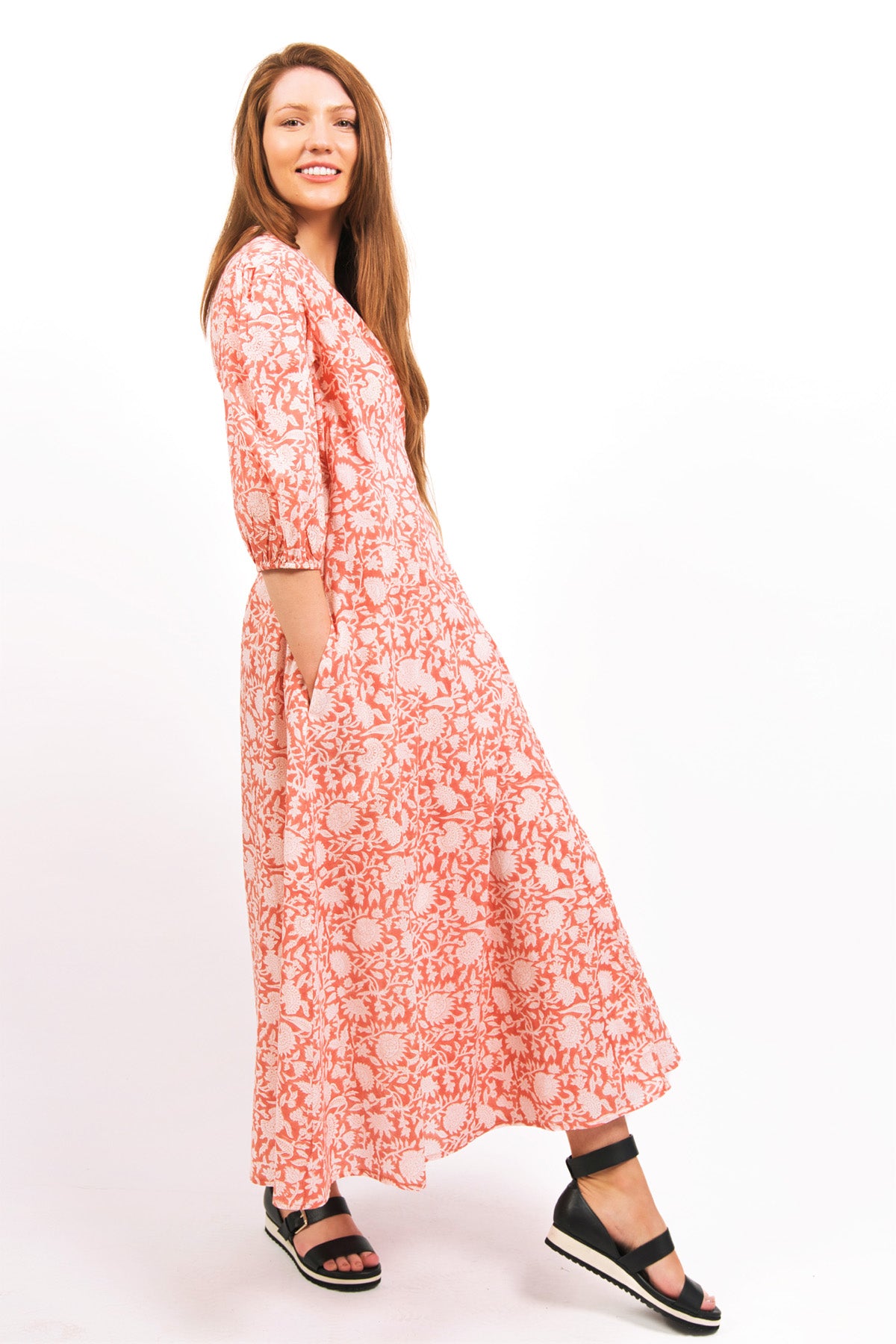 ZEPHYR PRINTED WRAP MAXI DRESS SIDE VIEW ON MODEL- zohaonline