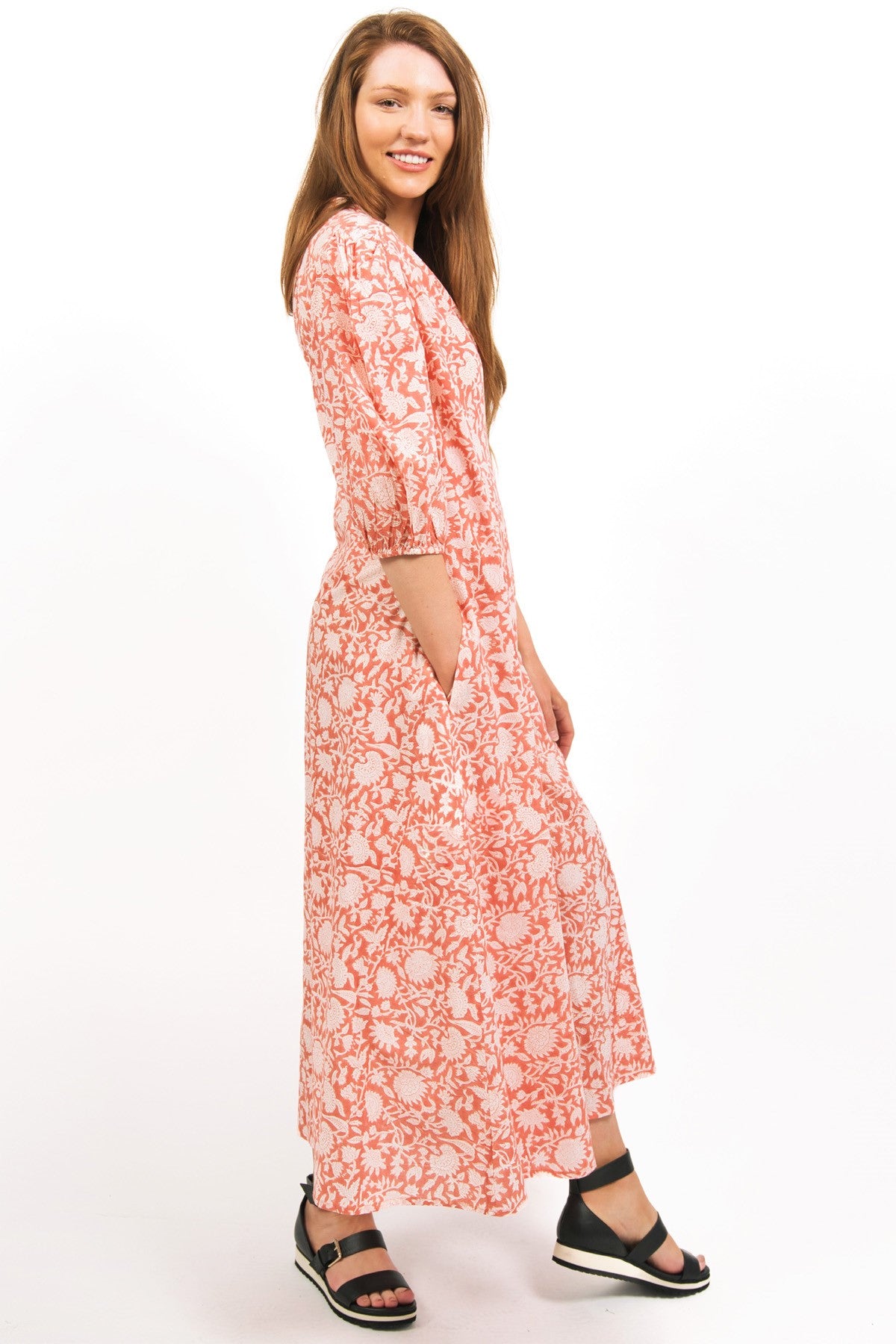 ZEPHYR PRINTED WRAP MAXI DRESS - IN PEACHY FAWN COLOUR-zohaonline