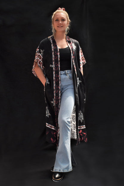 JUANA PRINTED MODAL KIMONO - zohaonline-  FRONT VIEW PAIRED WITH FLARED DENIM AND BOOTS