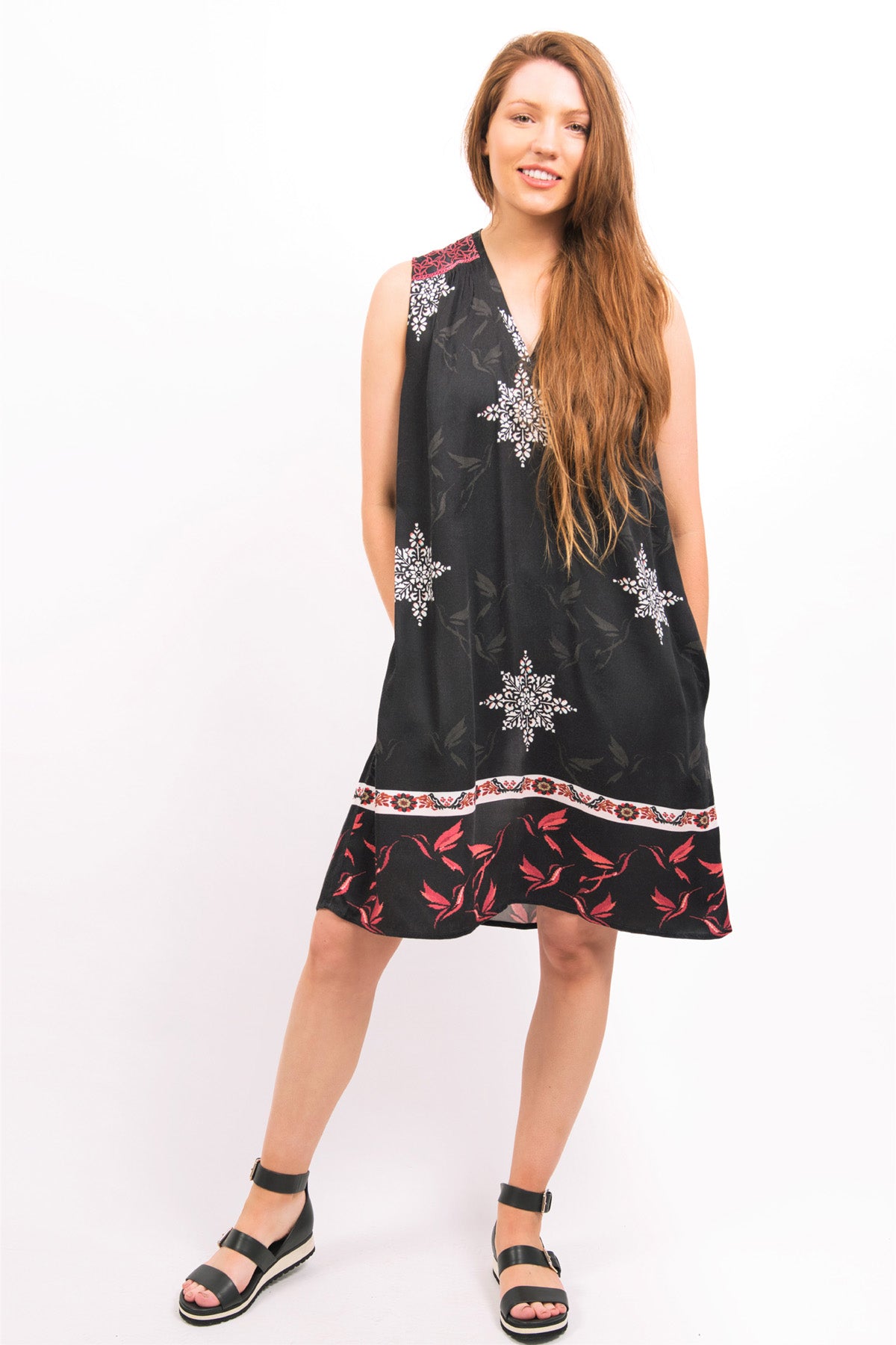 MODEL WEARING THE PERFECT LITTLE BLACK DRESSMARIANA EMBROIDERED & PRINTED MODAL DRESS - zohaonline