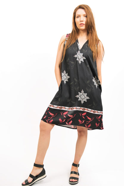 MARIANA EMBROIDERED & PRINTED MODAL DRESS - zohaonline- front view on the model with hands in pockets
