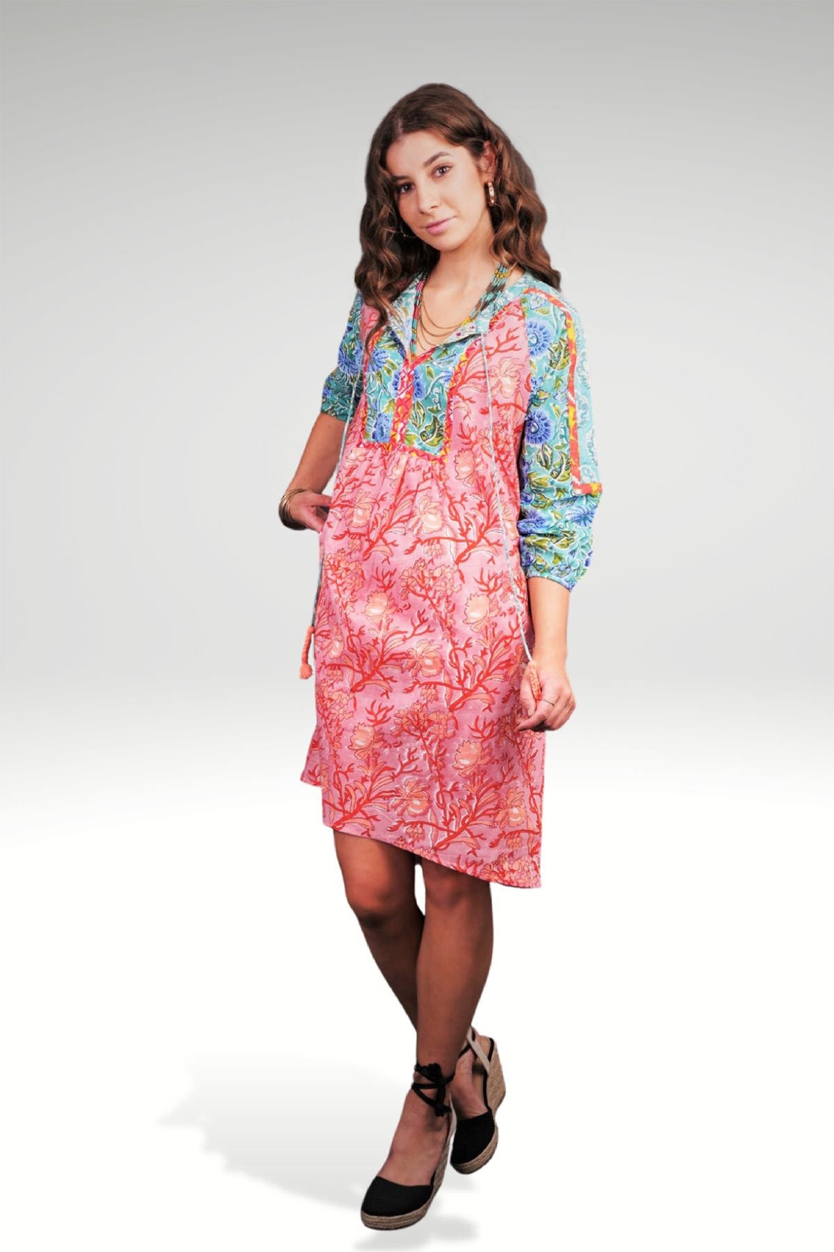 COLORFUL MEADOW FLORAL PATCHWORK DRESS - zohaonline