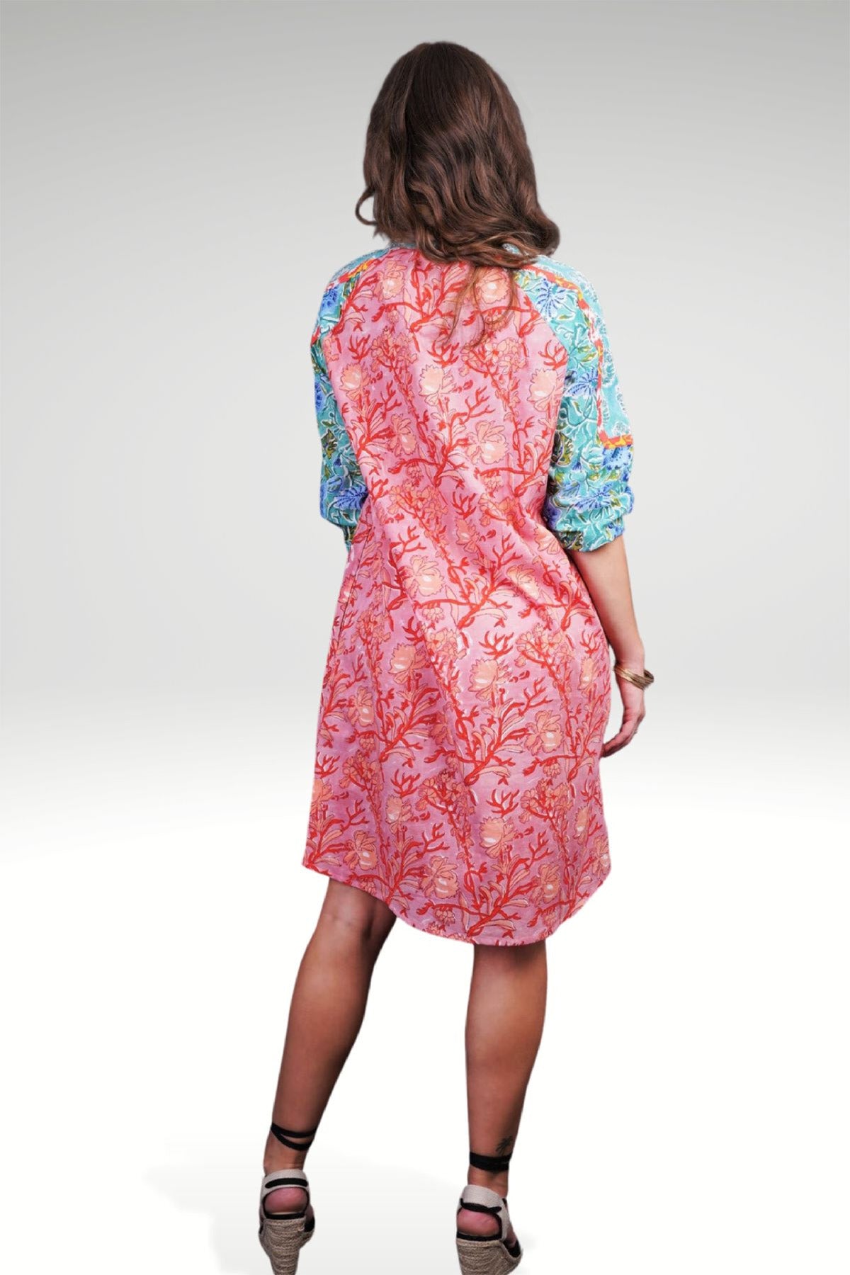 BACK VIEW ON MODEL -MEADOW FLORAL PATCHWORK DRESS - zohaonline