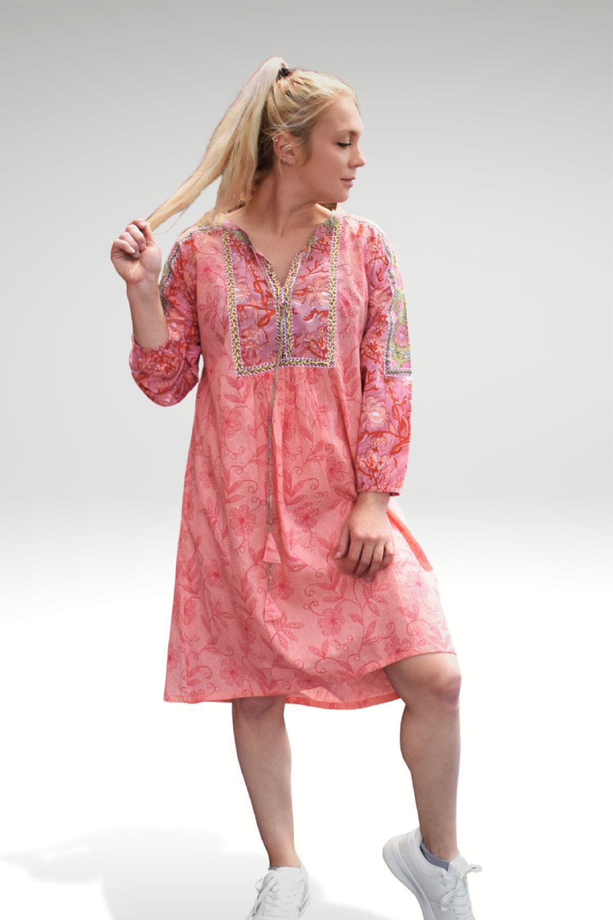 MEADOW FLORAL PATCHWORK DRESS IN PEACH FLORAL COLORWAY- FRONT VIEW - zohaonline