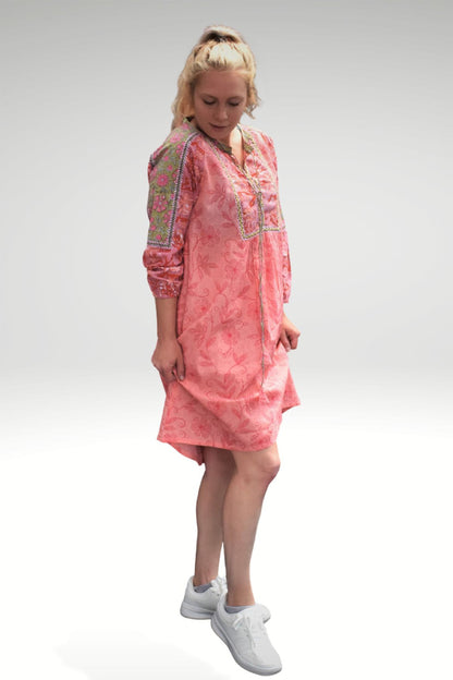 MEADOW FLORAL PATCHWORK DRESS - zohaonline- PEACH FLORAL PINK COLOURWAY 