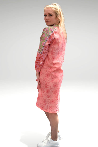 MEADOW FLORAL PATCHWORK DRESS - zohaonline- SIDE VIEW OF PEACH FLORAL PINK COLOURWAY ON MODEL