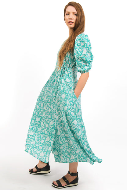 SIDE VIEW OF THE MODEL WEARING ZEPHYR PRINTED WRAP MAXI DRESS - zohaonline