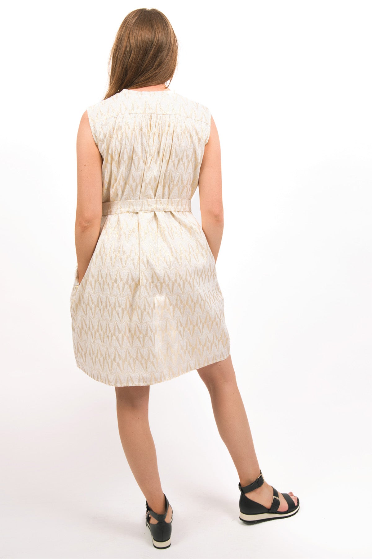 STELLA LUREX DRESS - BACK VIEW OF BELTED DRESS ON MODEL- zohaonline