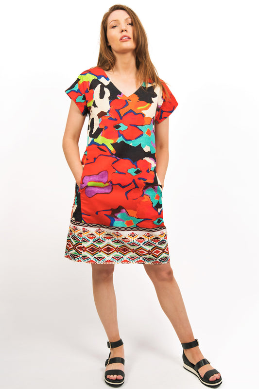 front view of TULA BRIGHT FLOWER PRINTED SHIFT DRESS with pockets- zohaonline