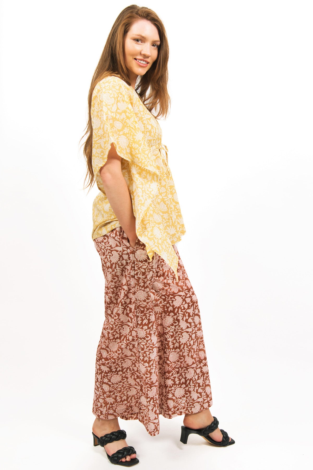 AMBER FLARE PANTS PAIRED WITH ZINNIA KAFTAN IN LIGHT YELLOW- zohaonline